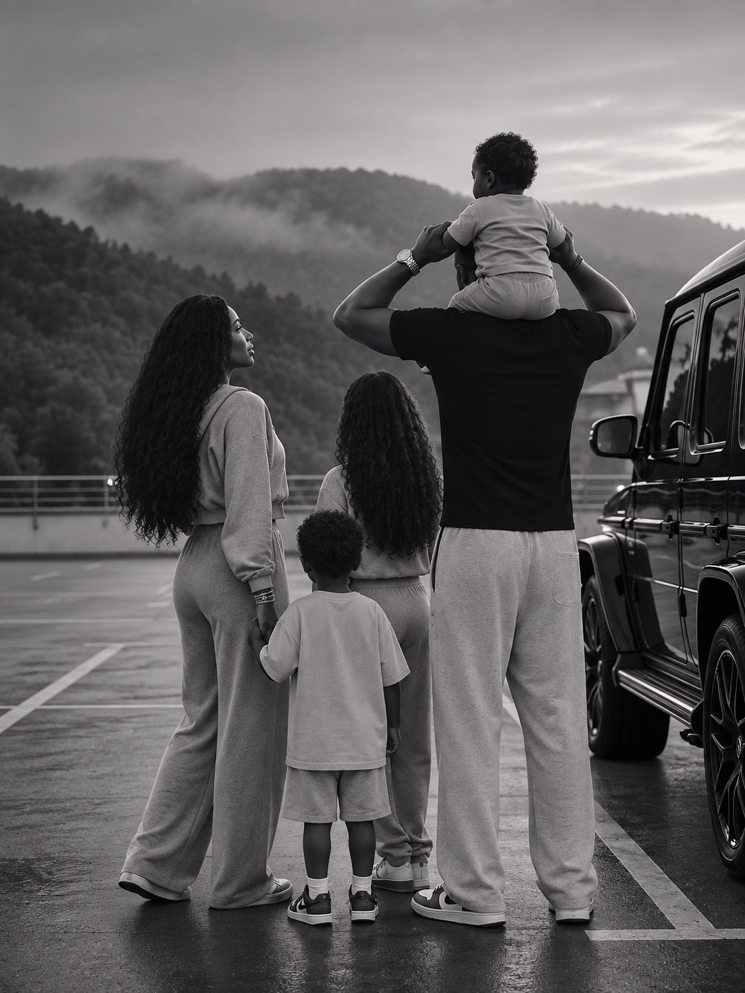 A family looking out at the mountains together